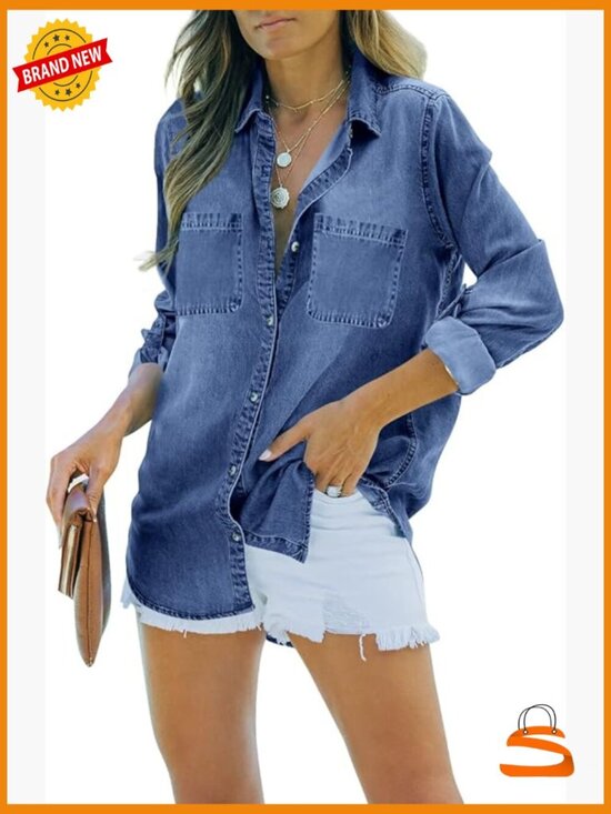 Jackets & Blazers - Womens Button Down Denim Shirt Chambray Casual Long Sleeve Boyfriend Jacket